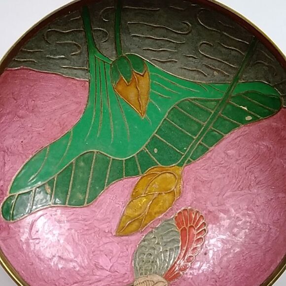 VTG,Cloisonne Brass Metal Enamel Hand Painted Hummingbird Flower Covered Bowl - Picture 3 of 15